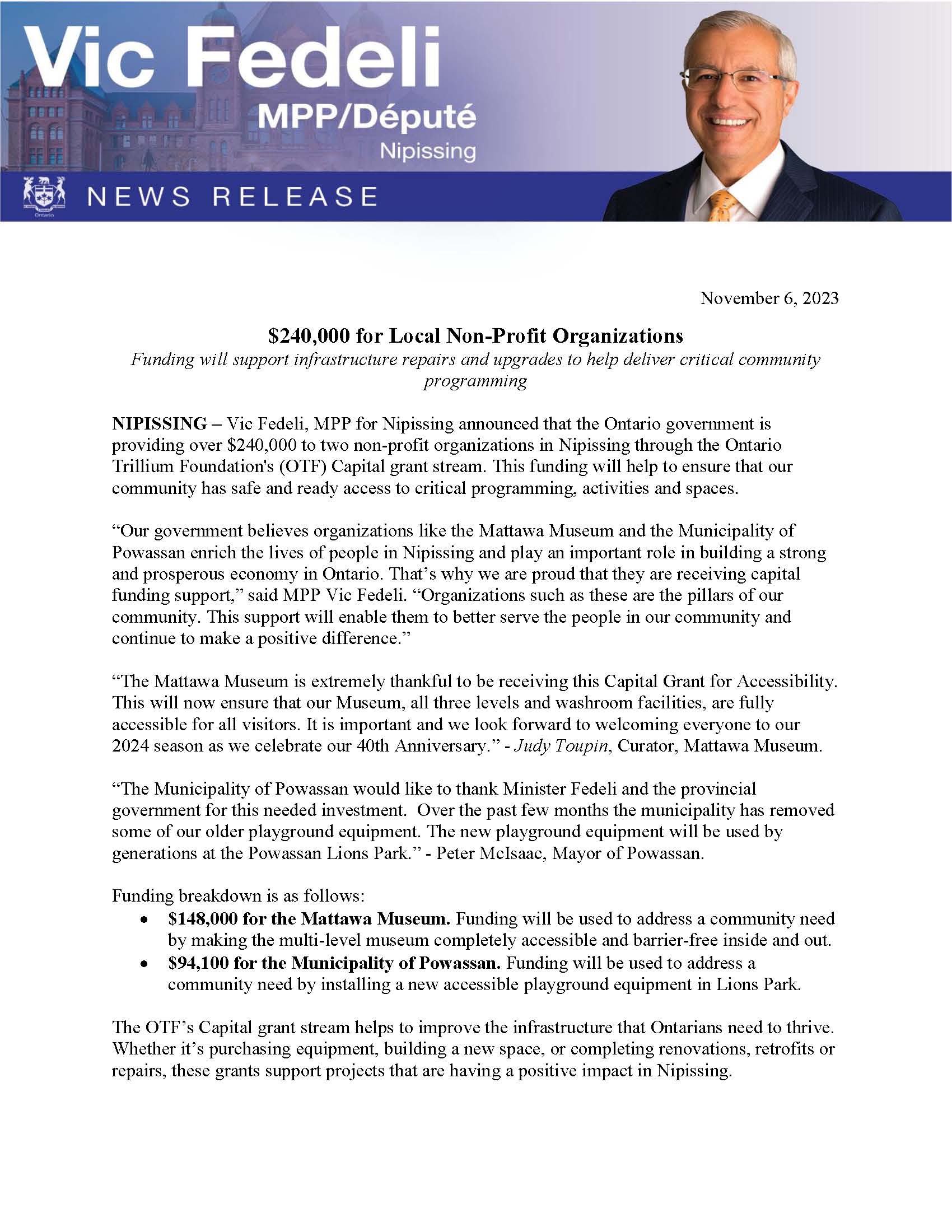 Mattawa Museum is the Recipient of an Ontario Trillium Foundation Grant